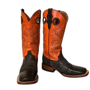 Women's Ferrini Cowboy Boots Western 7 Orange Black Leather Croc Embossed